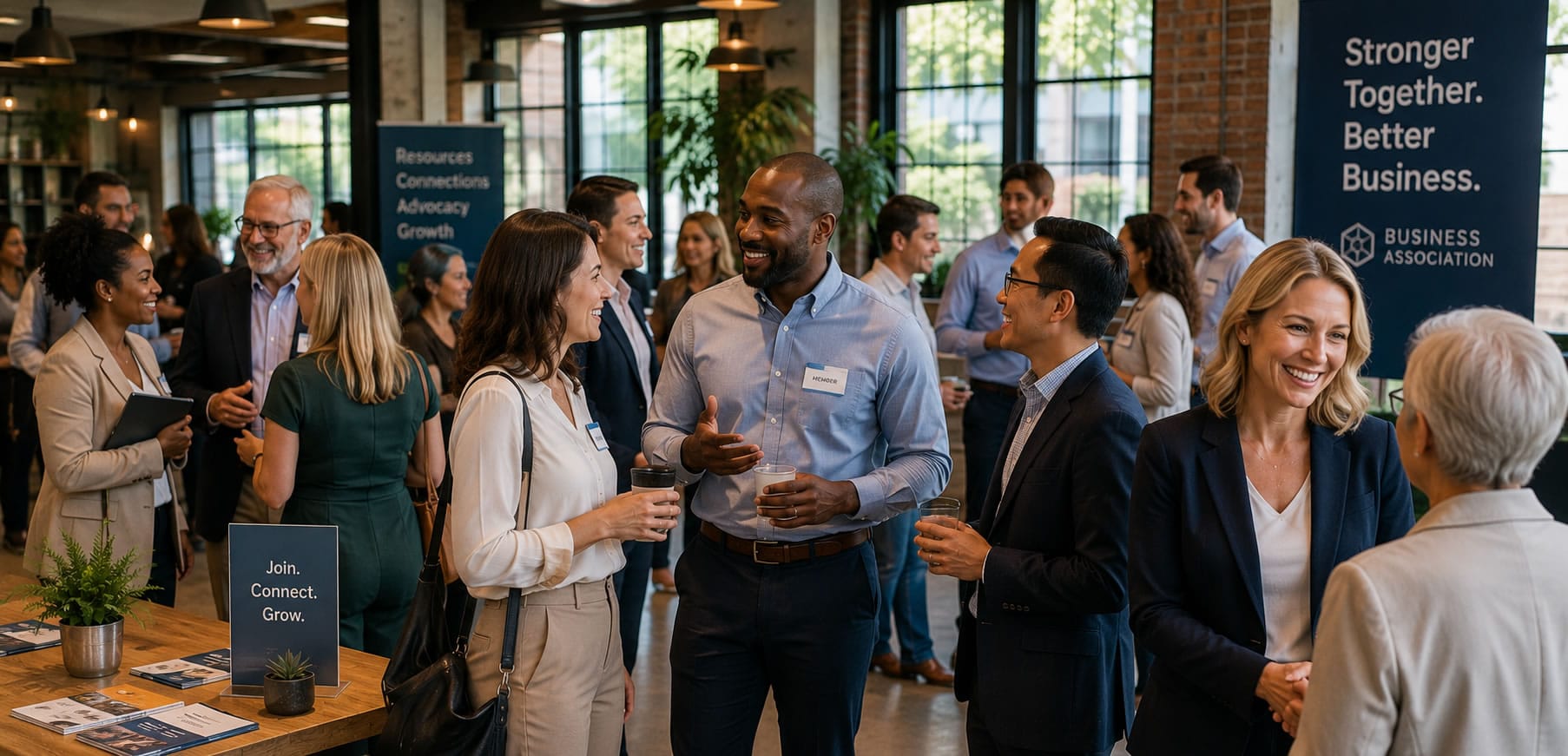 Business professionals networking at an industry association event