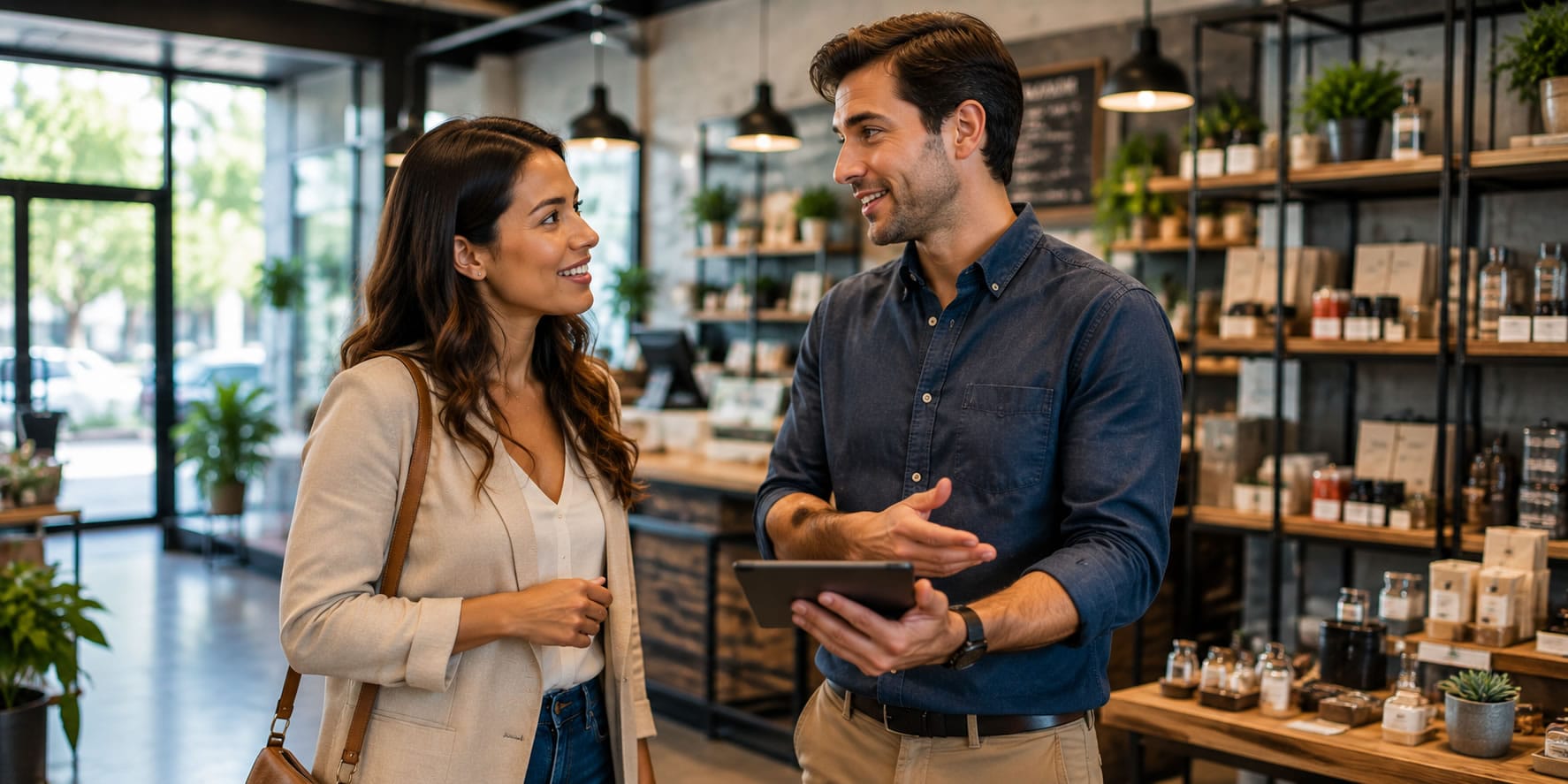 Prospective buyer discussing a business with the owner in-store