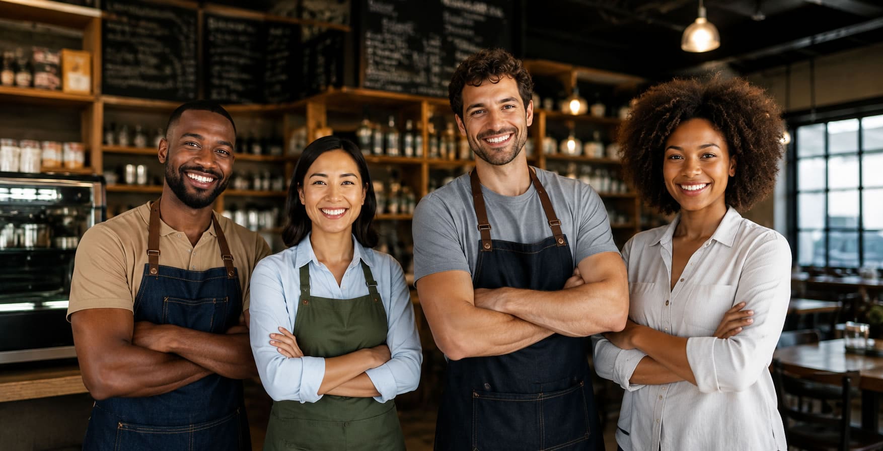 Team of four smiling cafe staff members standing together with arms crossed