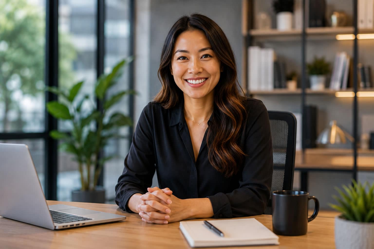 Confident businesswoman with hands clasped at her office desk