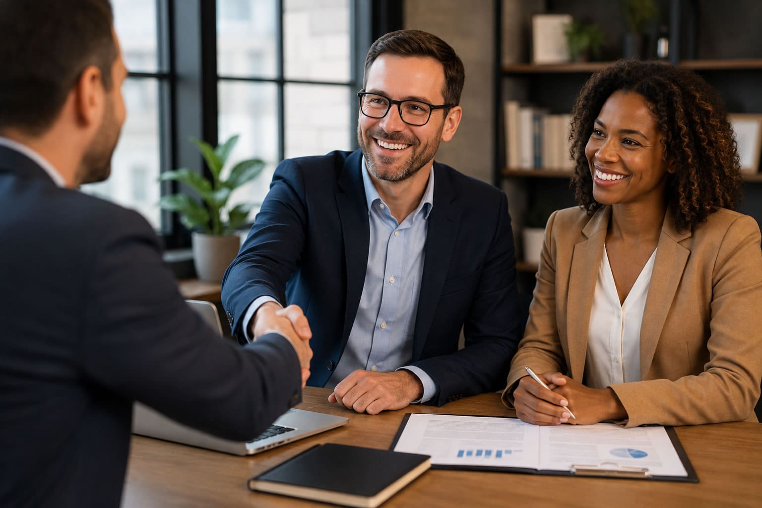 Two business professionals shaking hands over financial charts and a laptop