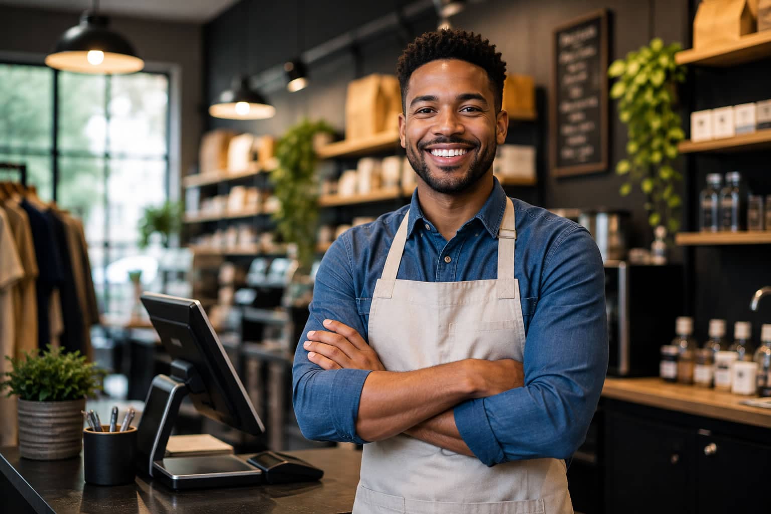 Confident small business owner standing at the counter of his store