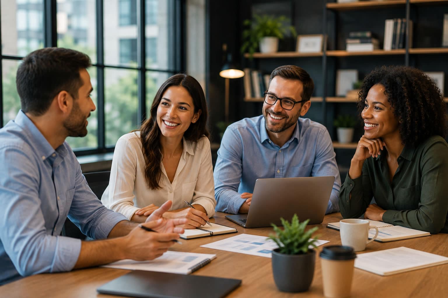 Four professionals discussing business plans around a table with a laptop