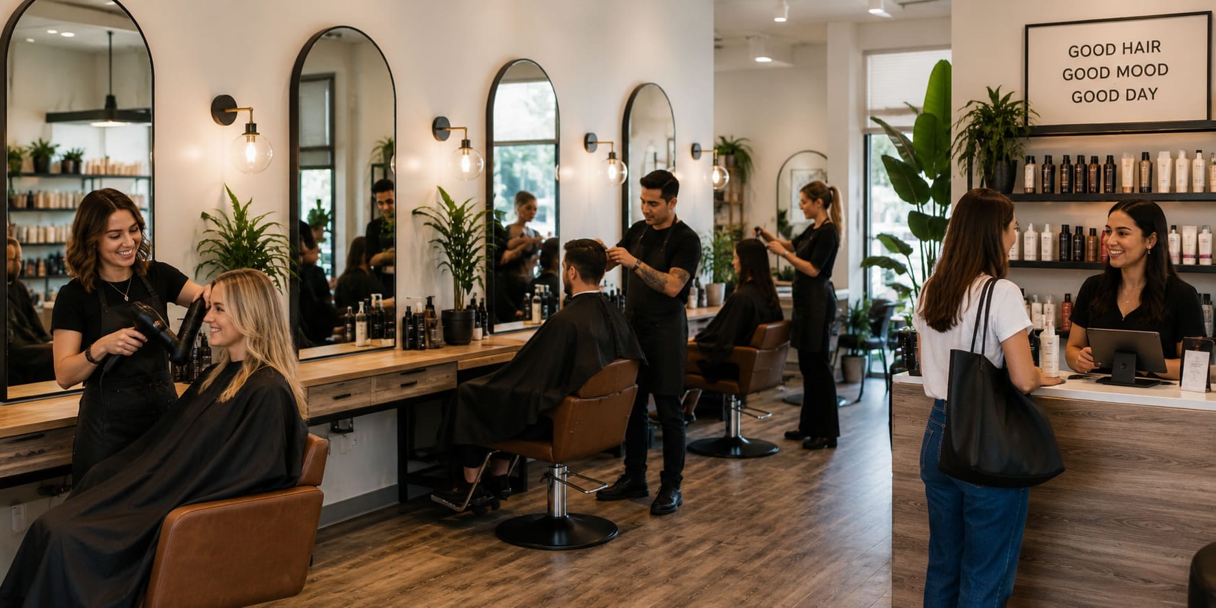 Hair salon with stylists and clients at mirrored styling stations