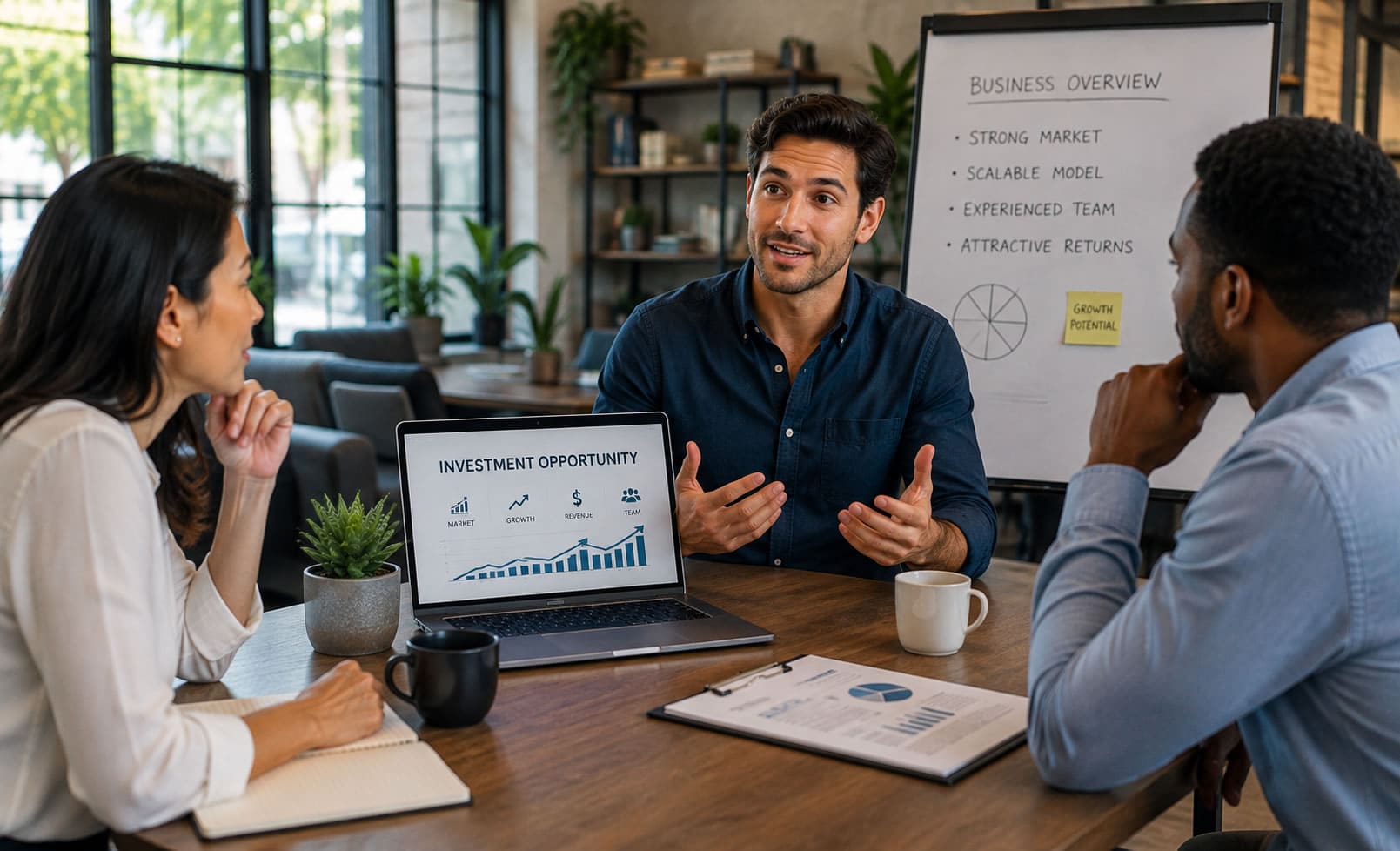 Business owner presenting an investment opportunity to potential investors