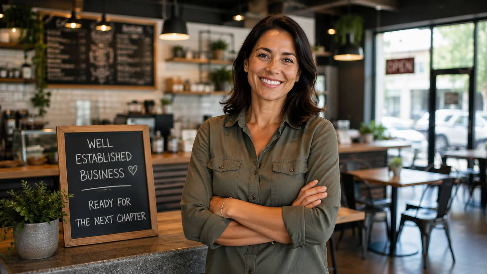 Confident business owner in her cafe, ready for her next chapter