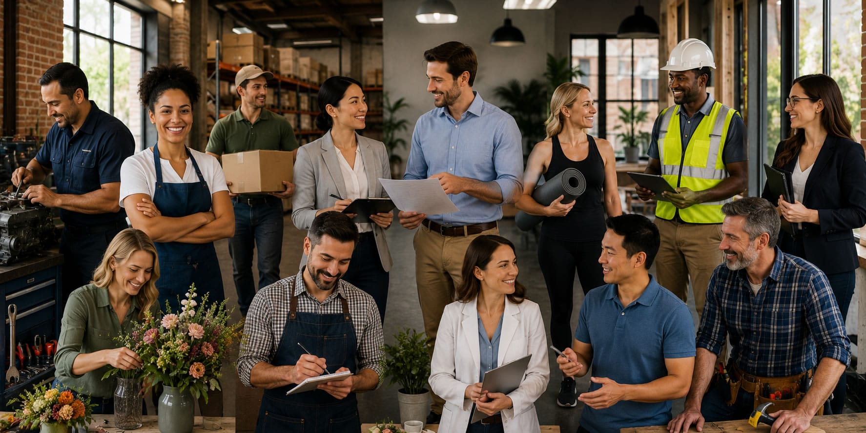 Diverse group of service professionals and tradespeople smiling together